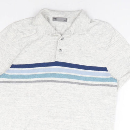 Marks and Spencer Mens Grey Collared Striped Cotton Pullover Jumper Size S