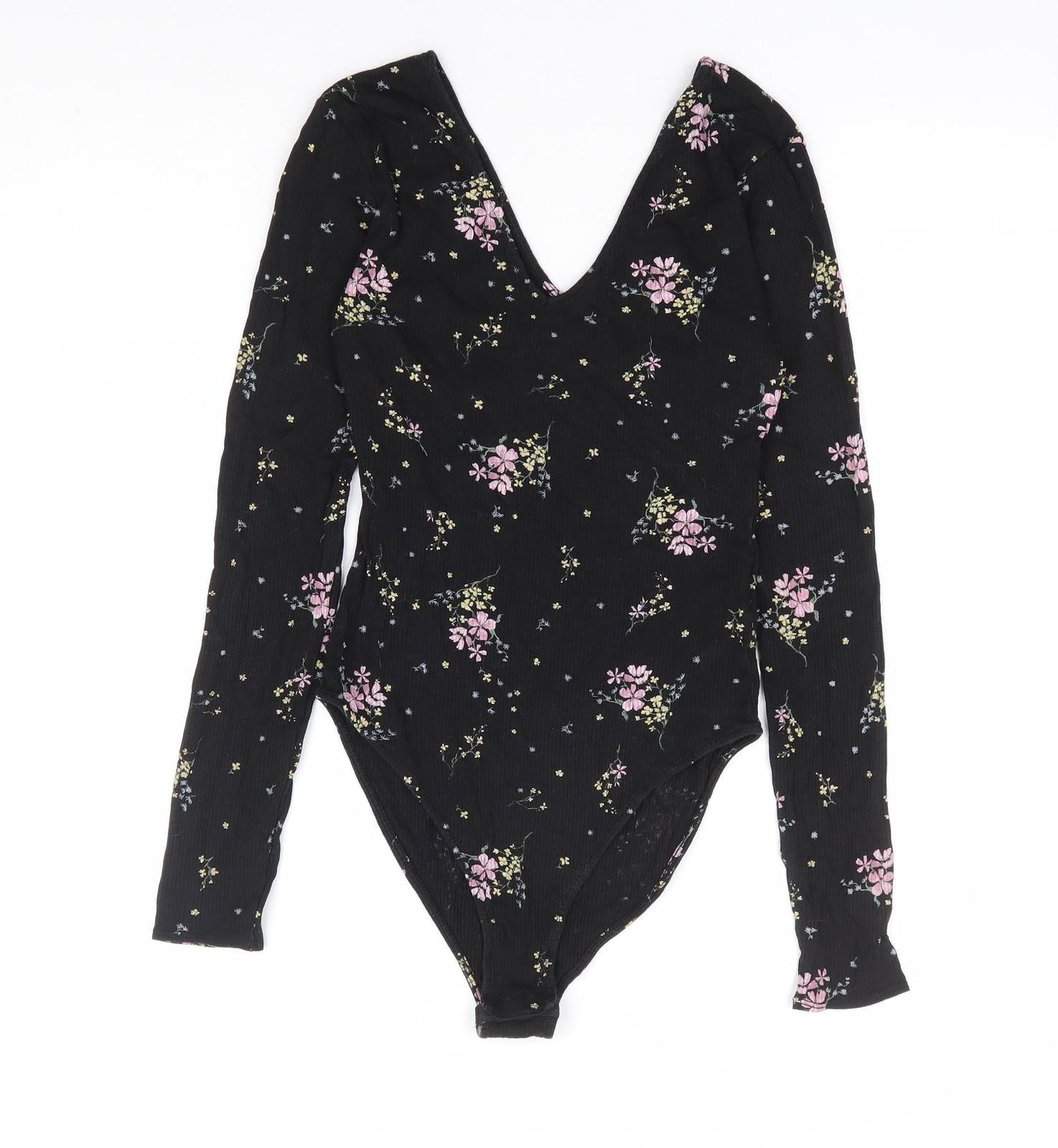 Divided by H&M Womens Black Floral Polyester Bodysuit One-Piece Size S Snap - Ribbed