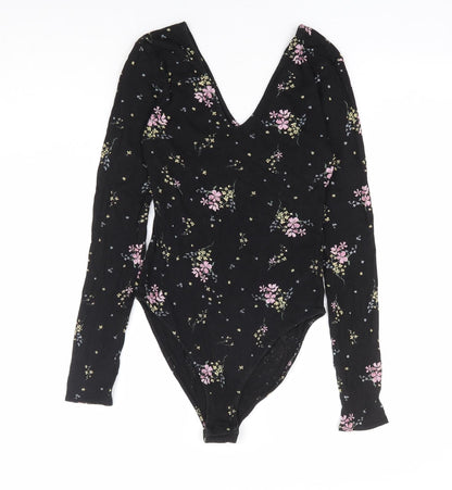 Divided by H&M Womens Black Floral Polyester Bodysuit One-Piece Size S Snap - Ribbed