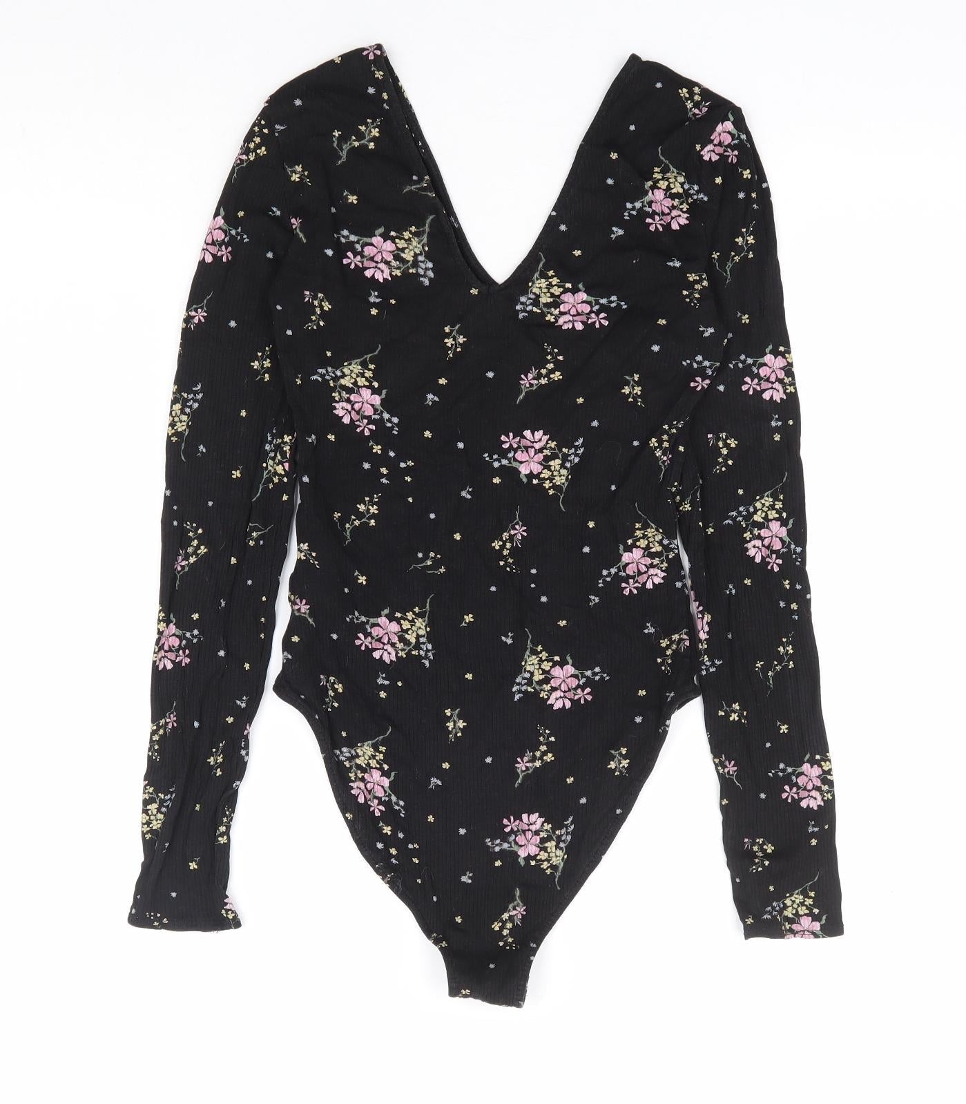 Divided by H&M Womens Black Floral Polyester Bodysuit One-Piece Size S Snap - Ribbed
