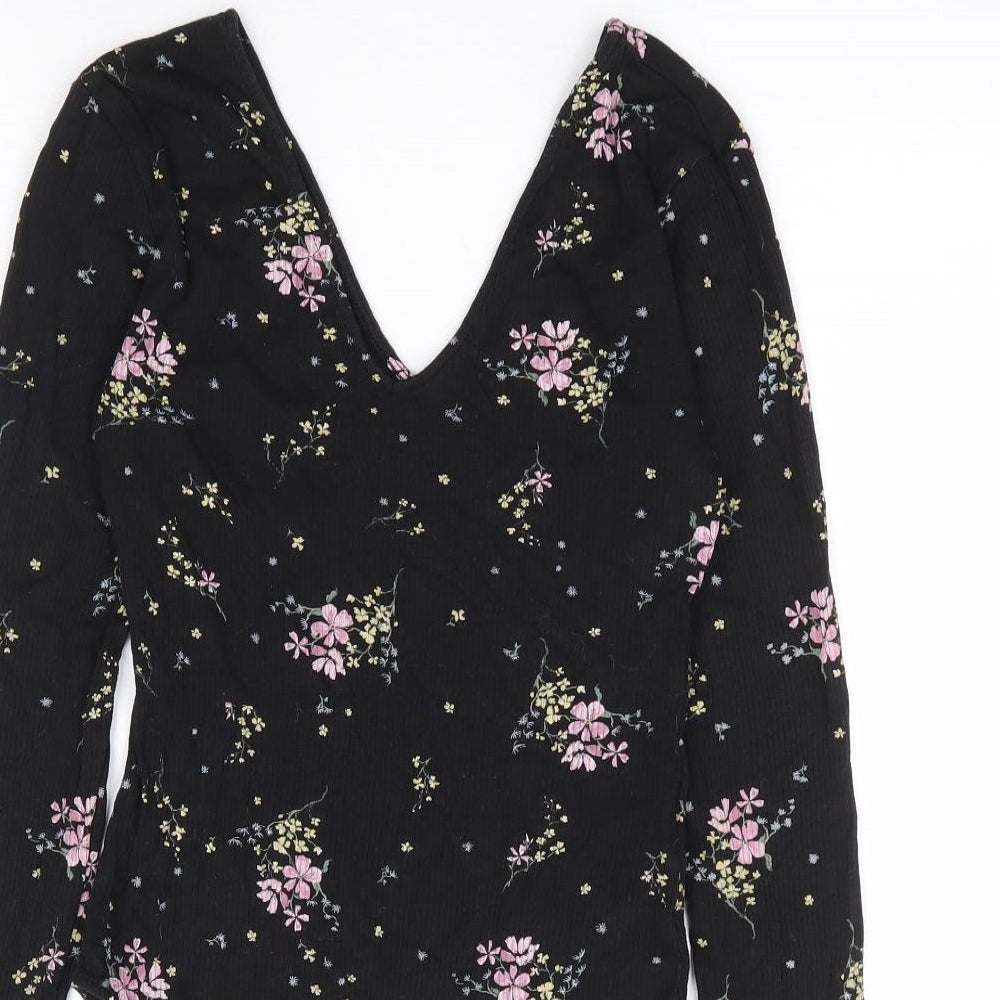 Divided by H&M Womens Black Floral Polyester Bodysuit One-Piece Size S Snap - Ribbed
