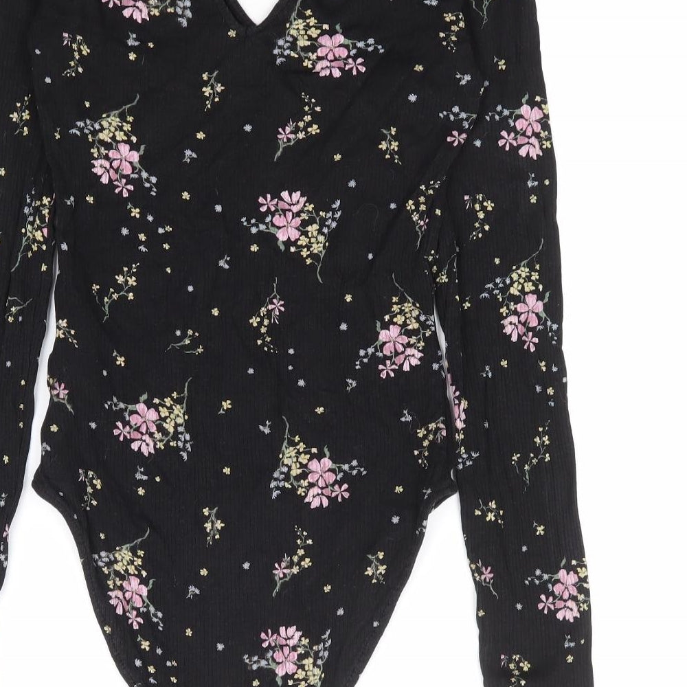 Divided by H&M Womens Black Floral Polyester Bodysuit One-Piece Size S Snap - Ribbed