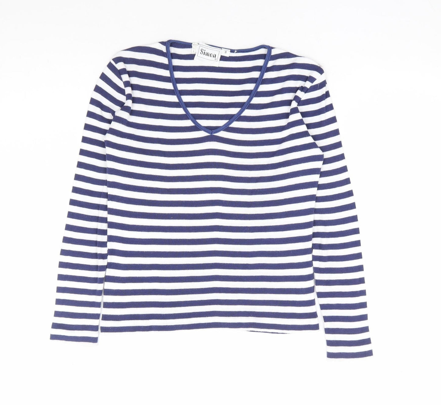 Simon Womens Blue Striped Polyester Basic T-Shirt Size S V-Neck