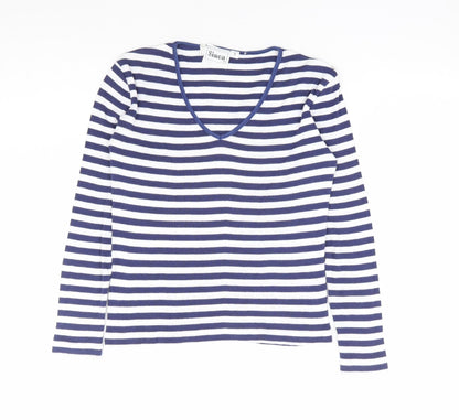 Simon Womens Blue Striped Polyester Basic T-Shirt Size S V-Neck