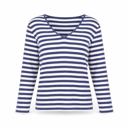 Simon Womens Blue Striped Polyester Basic T-Shirt Size S V-Neck