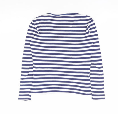 Simon Womens Blue Striped Polyester Basic T-Shirt Size S V-Neck