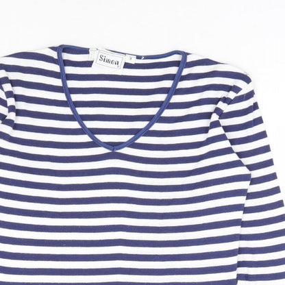 Simon Womens Blue Striped Polyester Basic T-Shirt Size S V-Neck