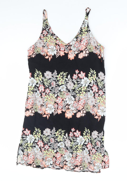 F&F Womens Black Floral Viscose Mini Size 6 V-Neck Pullover