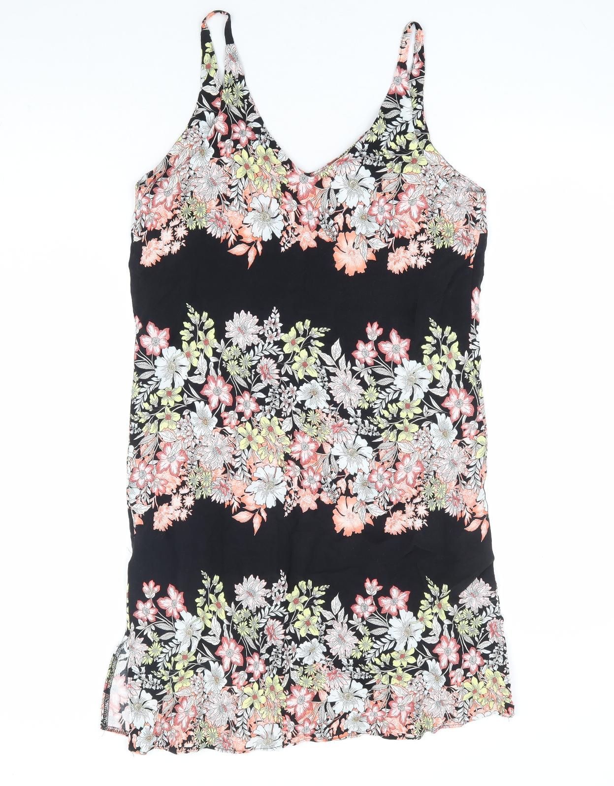 F&F Womens Black Floral Viscose Mini Size 6 V-Neck Pullover
