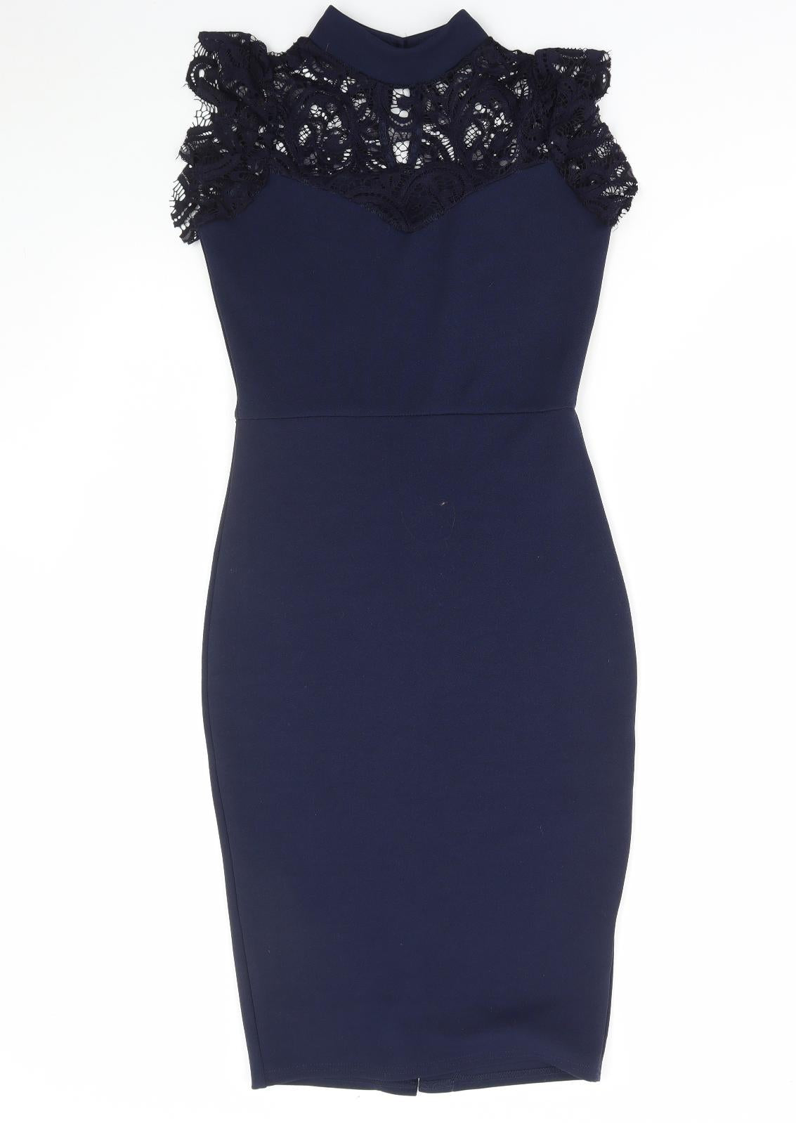 Quiz Womens Blue Polyester Mini Size 8 High Neck Button - Lace Detail