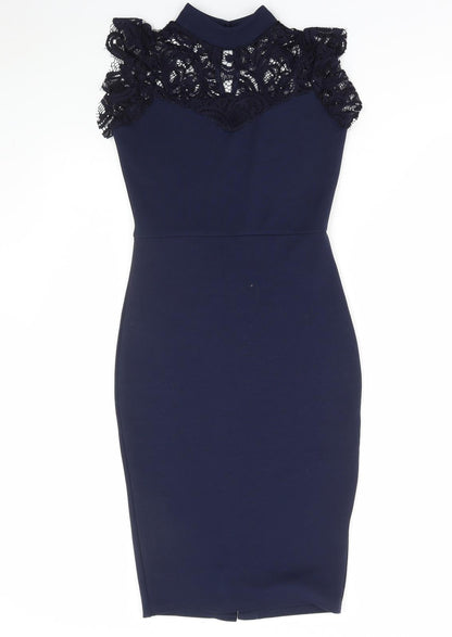 Quiz Womens Blue Polyester Mini Size 8 High Neck Button - Lace Detail