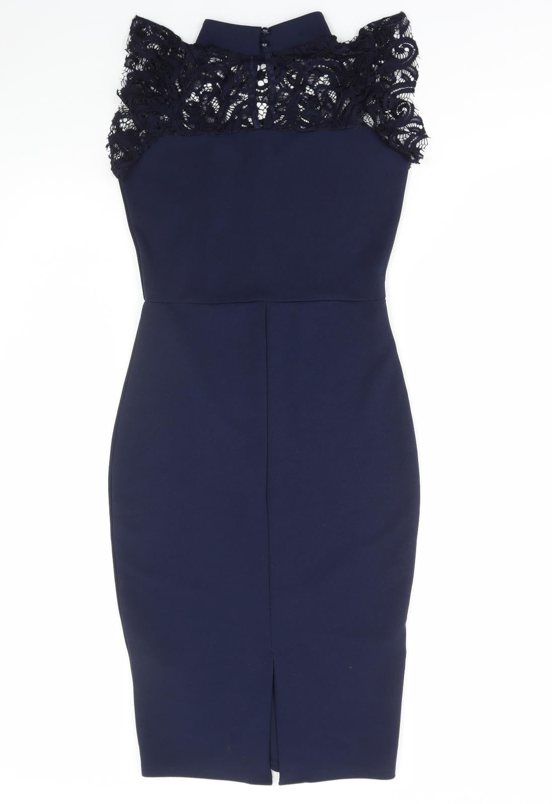 Quiz Womens Blue Polyester Mini Size 8 High Neck Button - Lace Detail