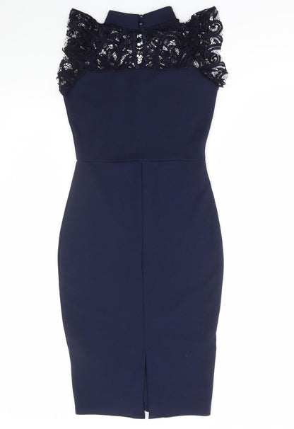 Quiz Womens Blue Polyester Mini Size 8 High Neck Button - Lace Detail