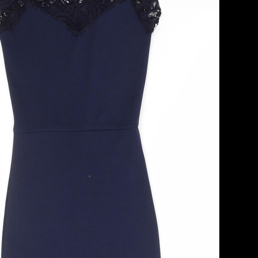 Quiz Womens Blue Polyester Mini Size 8 High Neck Button - Lace Detail