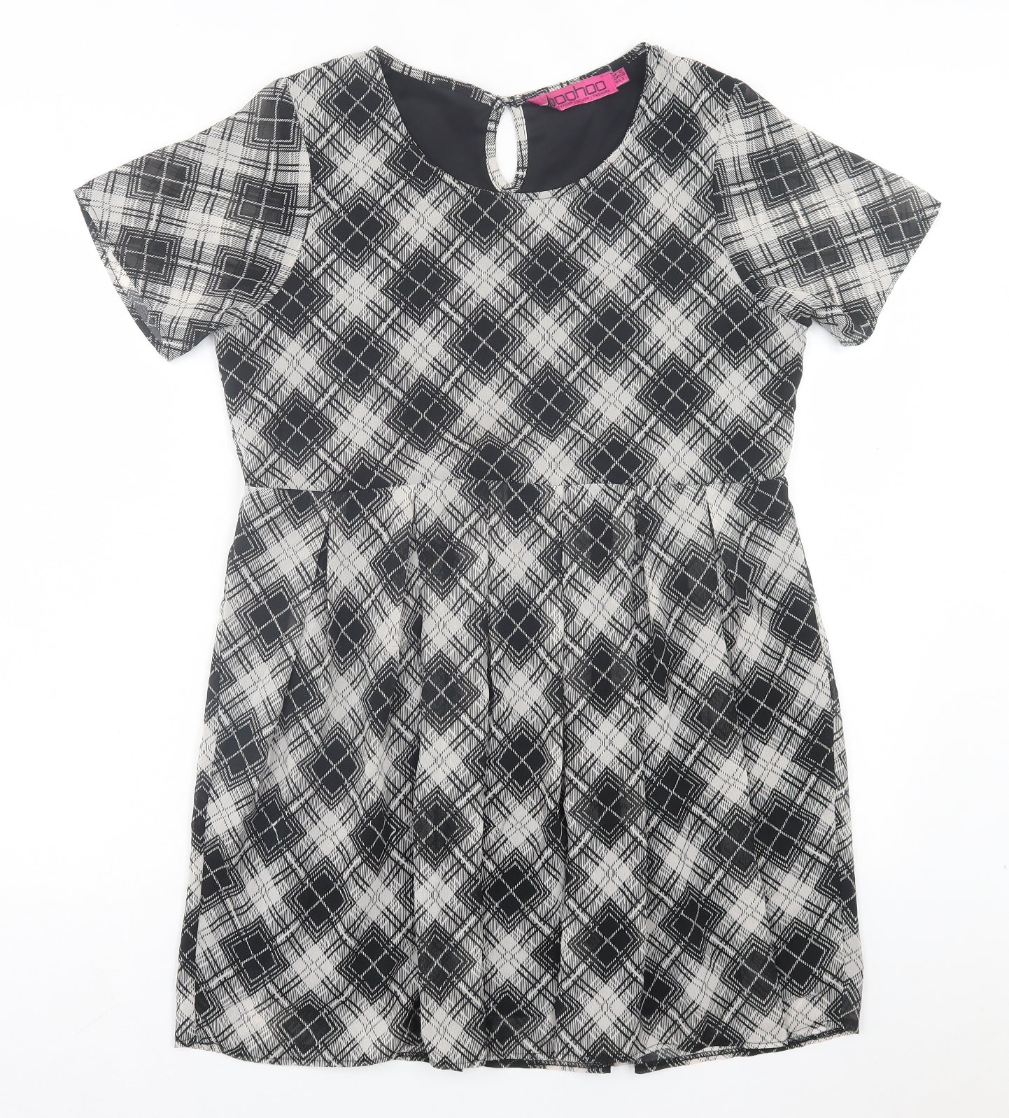 Boohoo Womens Grey Plaid Polyester A-Line Size 12 Crew Neck Button