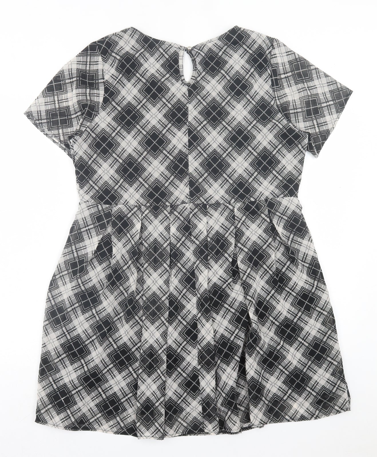 Boohoo Womens Grey Plaid Polyester A-Line Size 12 Crew Neck Button