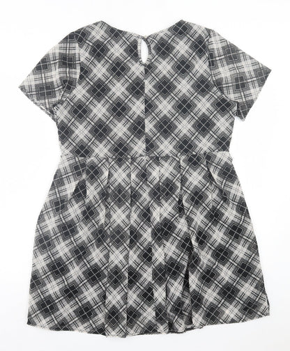 Boohoo Womens Grey Plaid Polyester A-Line Size 12 Crew Neck Button