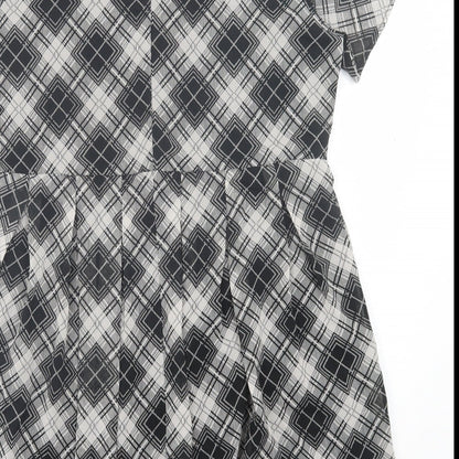 Boohoo Womens Grey Plaid Polyester A-Line Size 12 Crew Neck Button