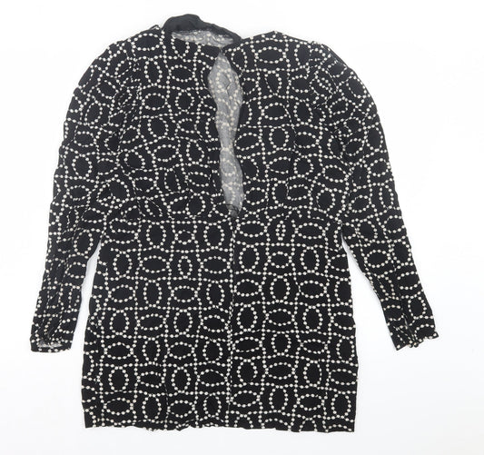H&M Womens Black Geometric Viscose A-Line Size 14 Crew Neck Button - Shoulder Pads