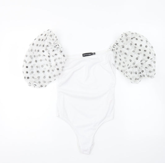 PRETTYLITTLETHING Womens White Polyester Bodysuit One-Piece Size 10 Snap - Mesh Sleeves.