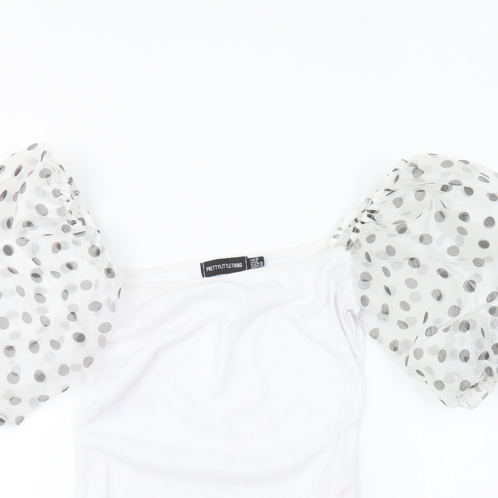 PRETTYLITTLETHING Womens White Polyester Bodysuit One-Piece Size 10 Snap - Mesh Sleeves.
