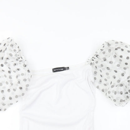 PRETTYLITTLETHING Womens White Polyester Bodysuit One-Piece Size 10 Snap - Mesh Sleeves.