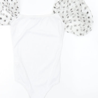 PRETTYLITTLETHING Womens White Polyester Bodysuit One-Piece Size 10 Snap - Mesh Sleeves.