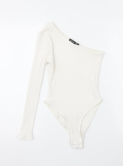 Boohoo Womens White Viscose Bodysuit One-Piece Size 10 Snap