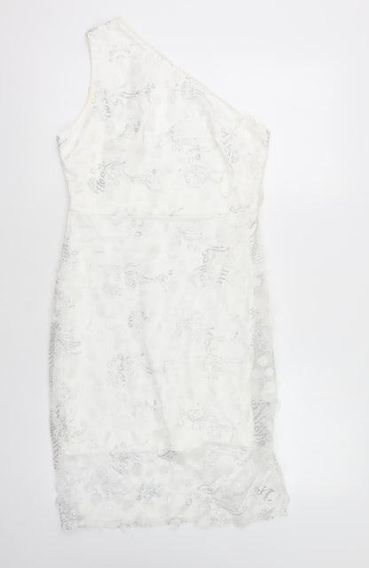 SheIn Womens White Geometric Polyester Bodycon Size S One Shoulder Zip