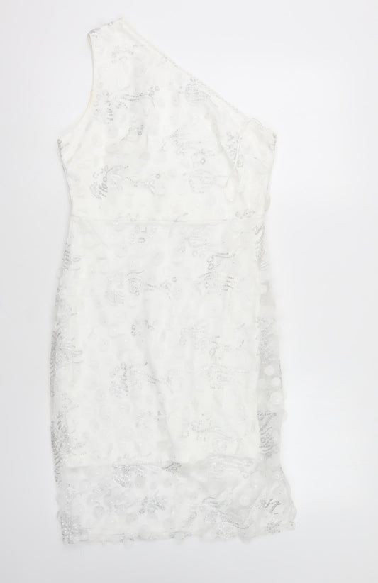 SheIn Womens White Geometric Polyester Bodycon Size S One Shoulder Zip