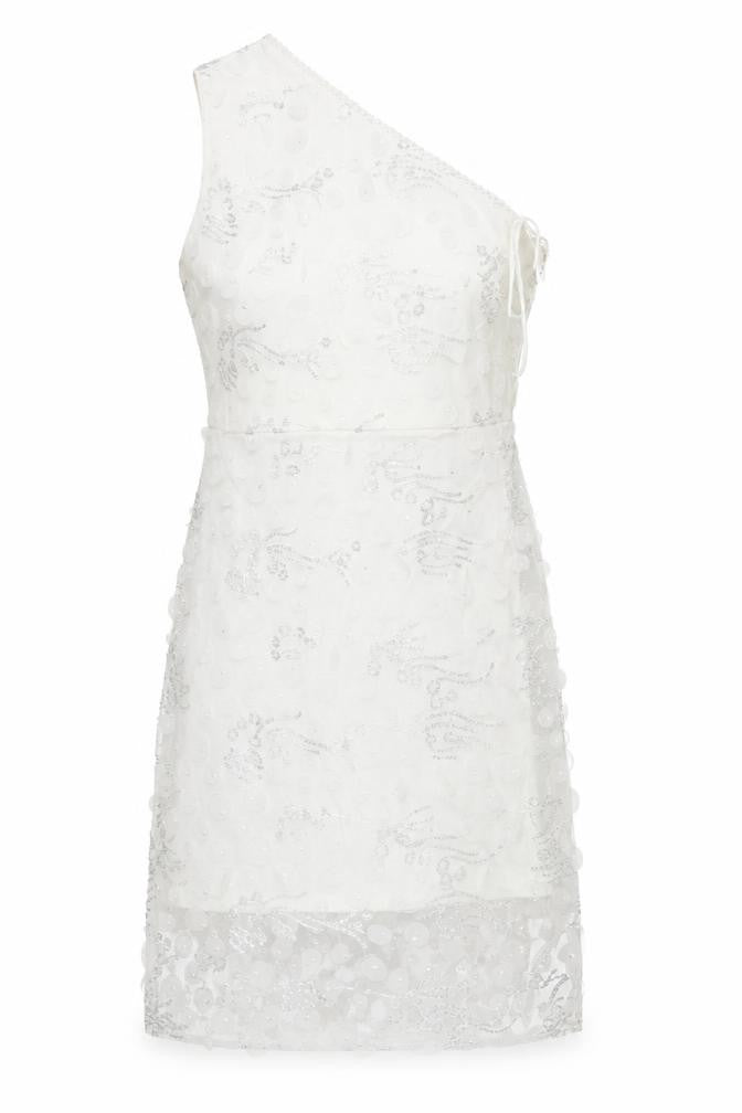 SheIn Womens White Geometric Polyester Bodycon Size S One Shoulder Zip