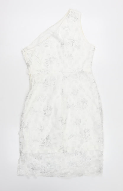 SheIn Womens White Geometric Polyester Bodycon Size S One Shoulder Zip