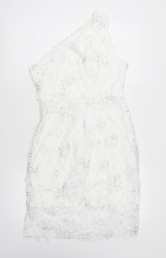 SheIn Womens White Geometric Polyester Bodycon Size S One Shoulder Zip