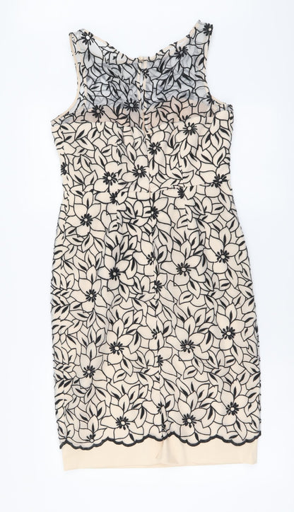 M&Co Womens Beige Floral Polyester A-Line Size 10 Round Neck Zip