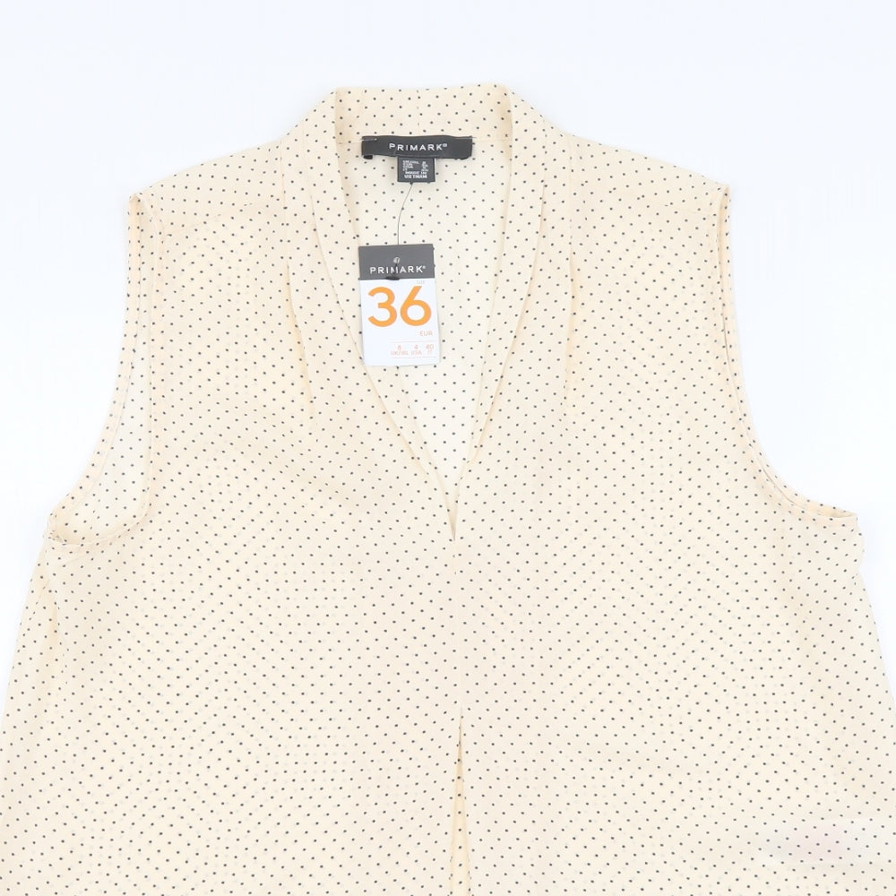 Primark Womens Beige Polka Dot Polyester Basic Blouse Size 8 V-Neck