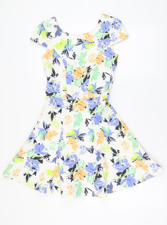 Miss Selfridge Womens Multicoloured Floral Polyester Skater Dress Size 6 Round Neck Pullover