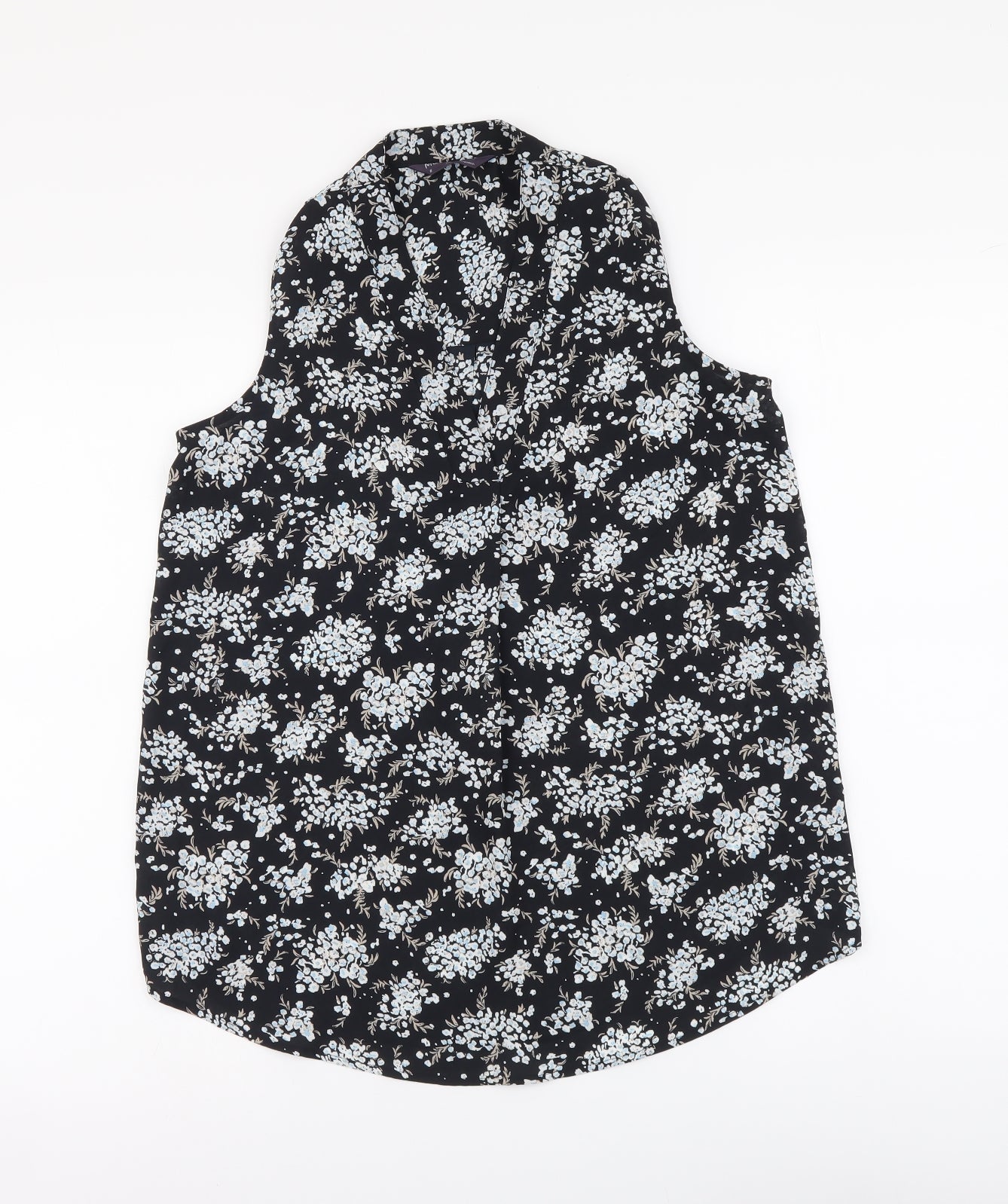 Marks and Spencer Womens Black Floral Polyester Basic Blouse Size 8 V-Neck