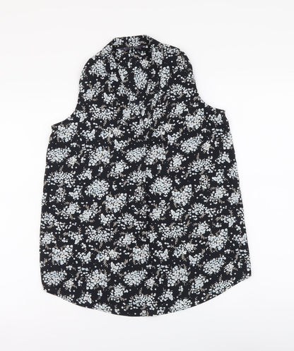 Marks and Spencer Womens Black Floral Polyester Basic Blouse Size 8 V-Neck