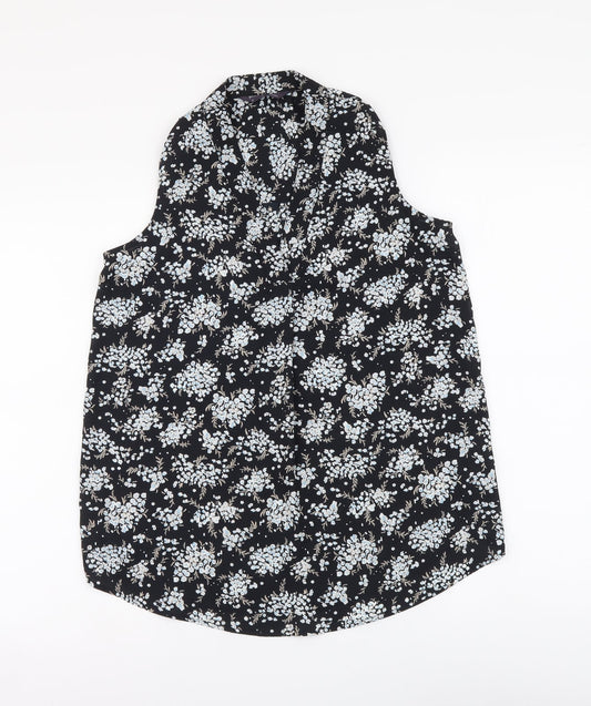 Marks and Spencer Womens Black Floral Polyester Basic Blouse Size 8 V-Neck