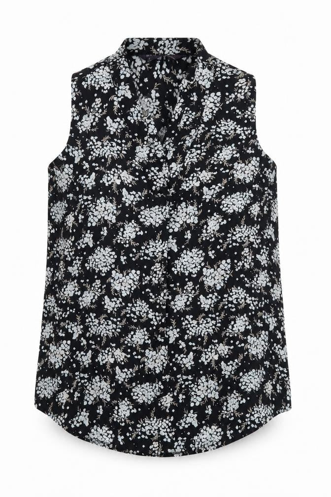 Marks and Spencer Womens Black Floral Polyester Basic Blouse Size 8 V-Neck