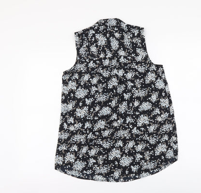 Marks and Spencer Womens Black Floral Polyester Basic Blouse Size 8 V-Neck