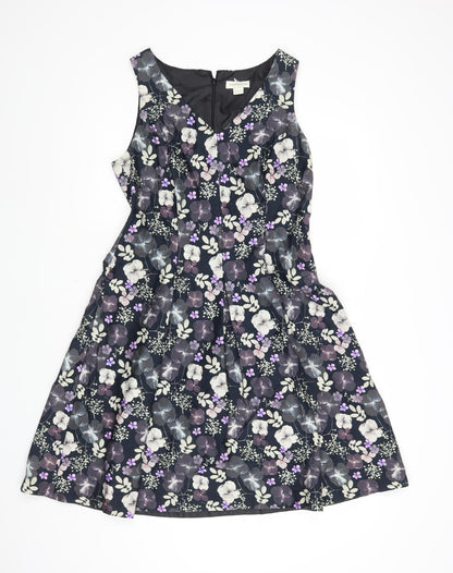 Monsoon Womens Black Floral Cotton Fit & Flare Size 12 V-Neck Zip