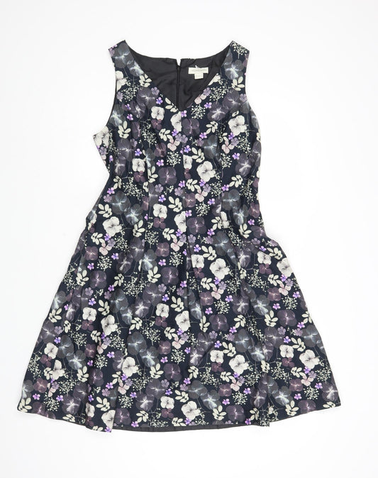 Monsoon Womens Black Floral Cotton Fit & Flare Size 12 V-Neck Zip