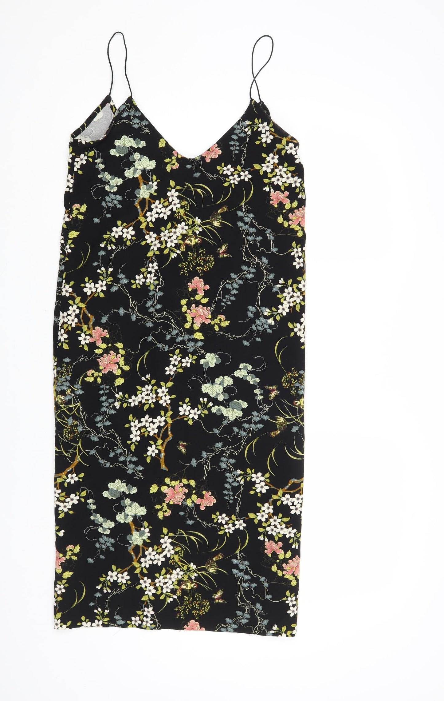 Pull&Bear Womens Black Floral Polyester Slip Dress Size S V-Neck Pullover