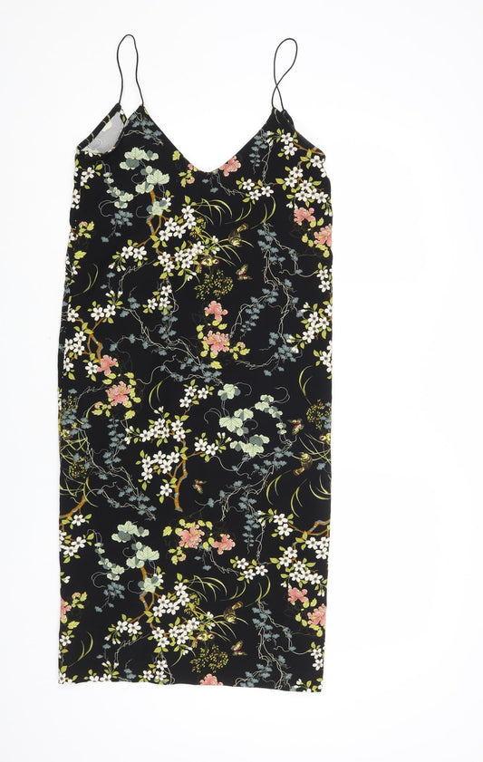 Pull&Bear Womens Black Floral Polyester Slip Dress Size S V-Neck Pullover