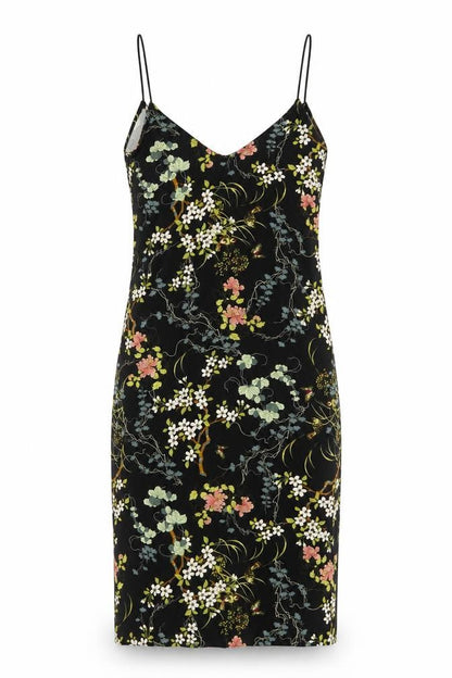 Pull&Bear Womens Black Floral Polyester Slip Dress Size S V-Neck Pullover