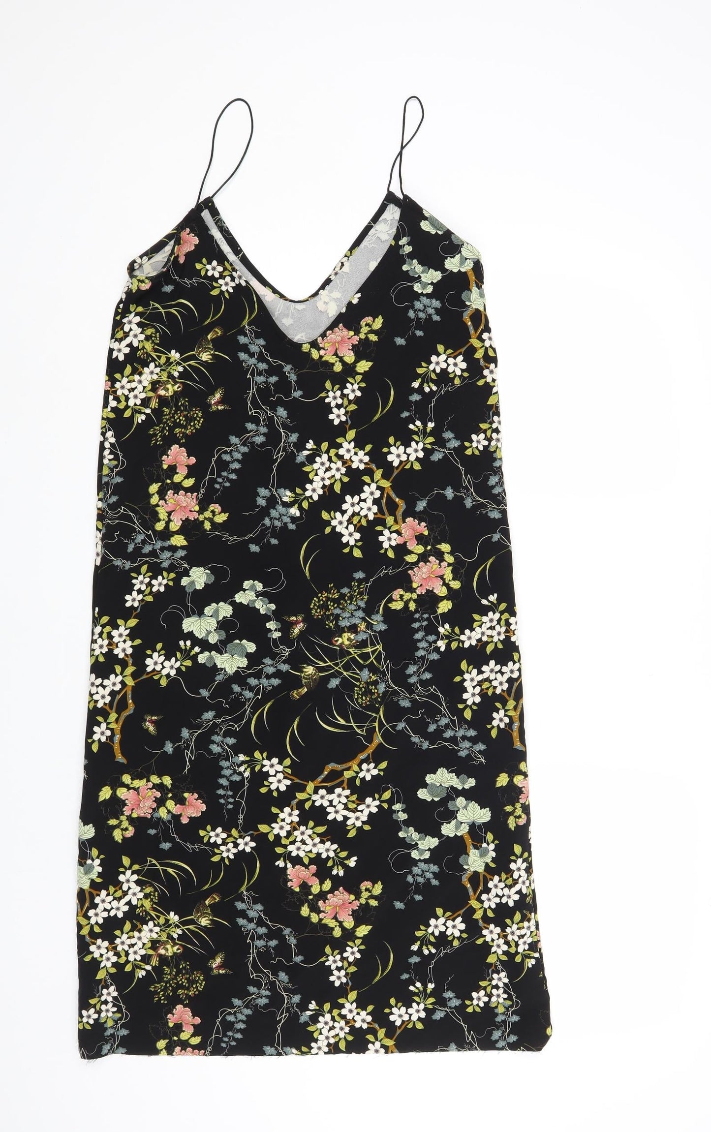 Pull&Bear Womens Black Floral Polyester Slip Dress Size S V-Neck Pullover