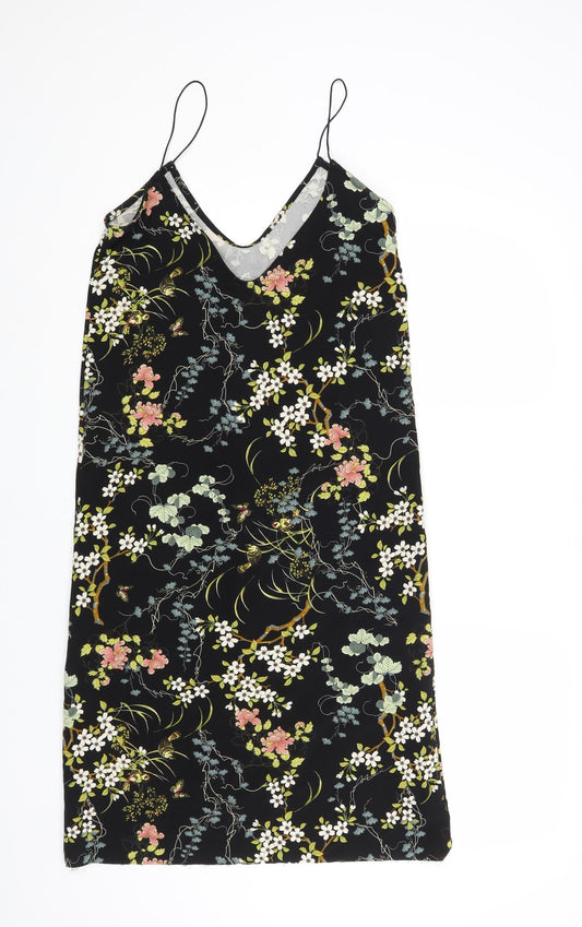 Pull&Bear Womens Black Floral Polyester Slip Dress Size S V-Neck Pullover