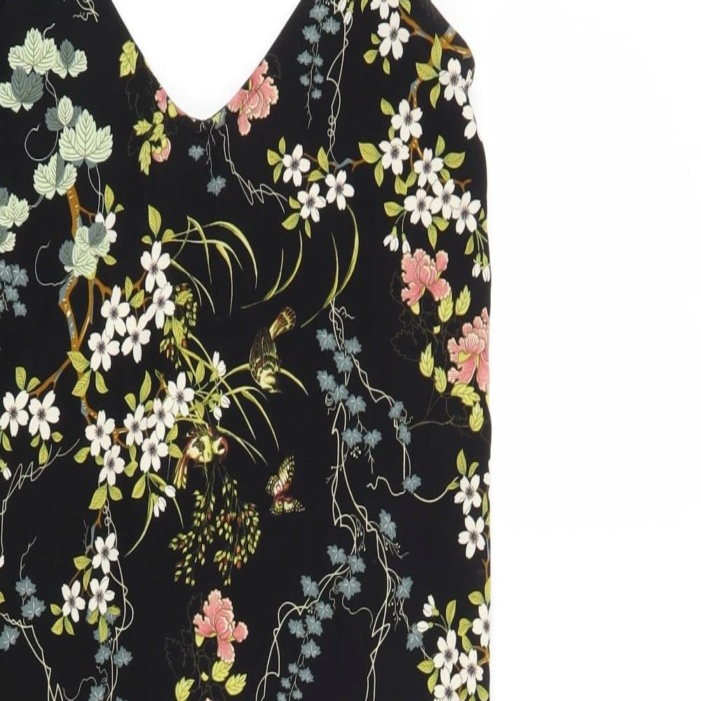 Pull&Bear Womens Black Floral Polyester Slip Dress Size S V-Neck Pullover