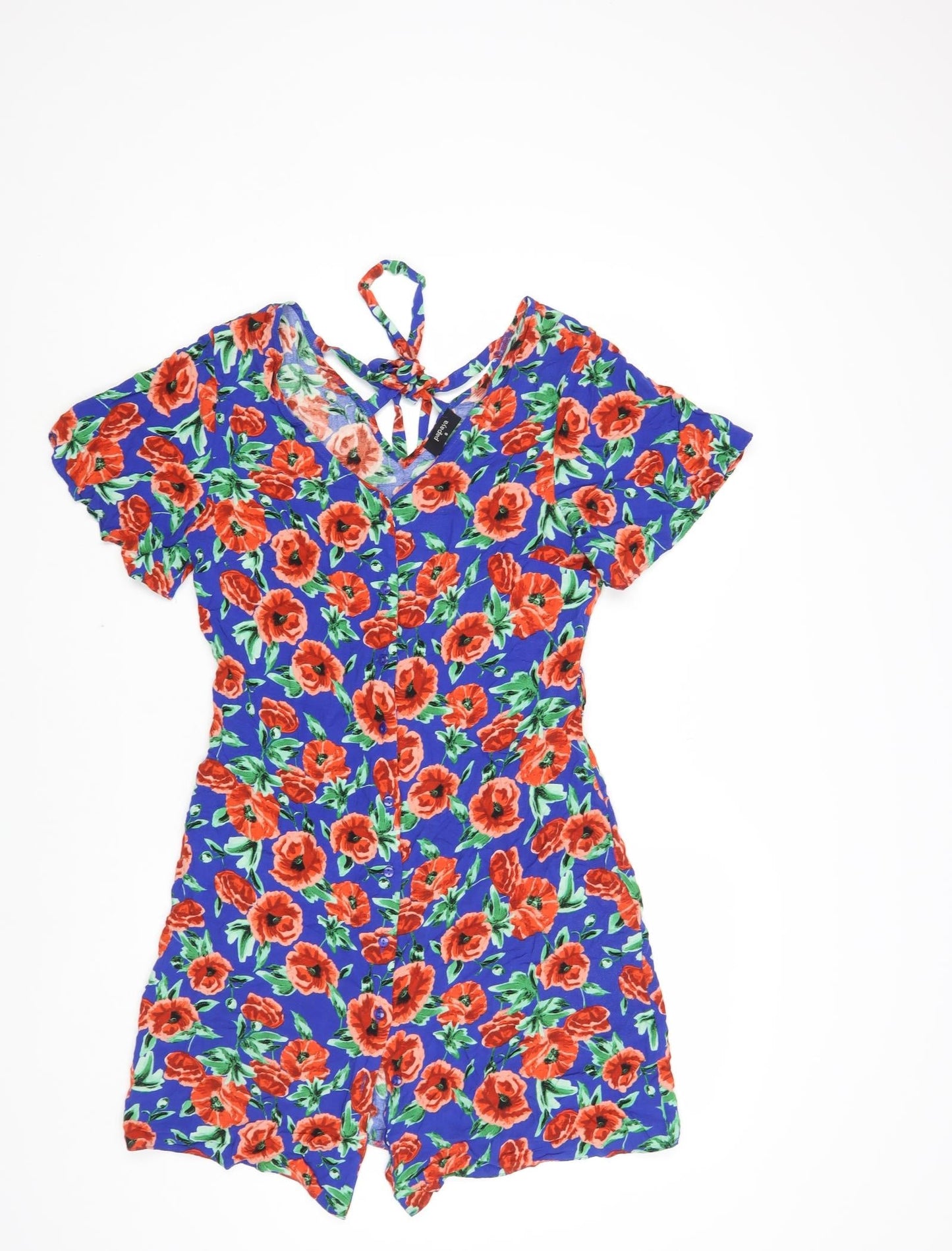 Papaya Womens Blue Floral Viscose A-Line Size 8 V-Neck Button